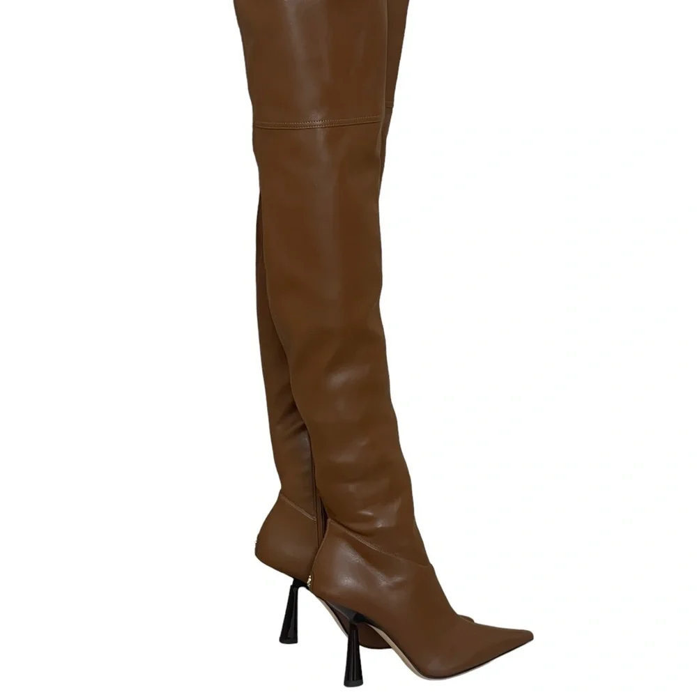 JIMMY CHOO Bryson 100 Tan Stretch Bonded Fabric Over-The-Knee‎ Boots Tan SZ 35.5